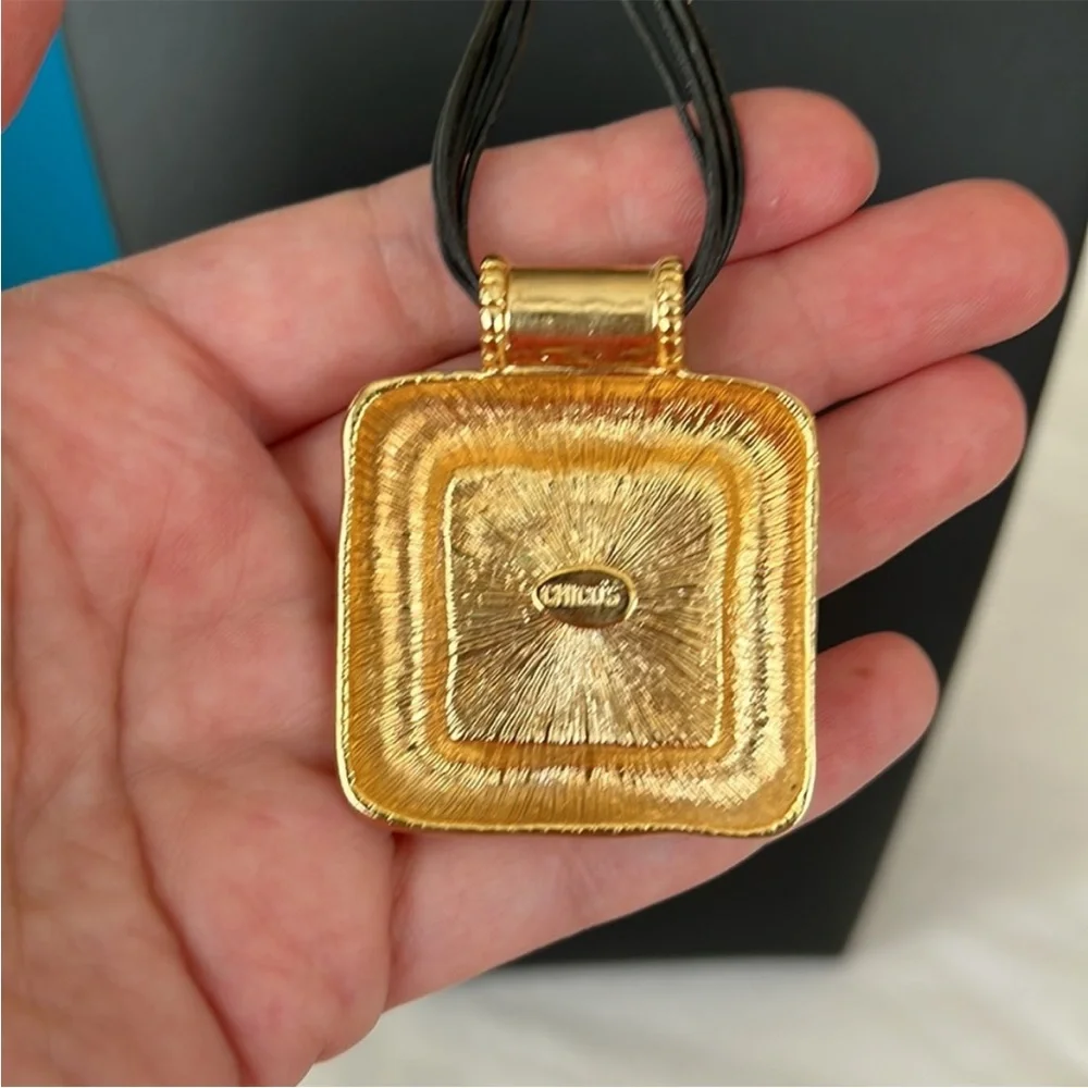 N288 Signed CHICO'S Gold EGYPTIAN Motif Square Pendant on 18" black rope group - Picture 3 of 6